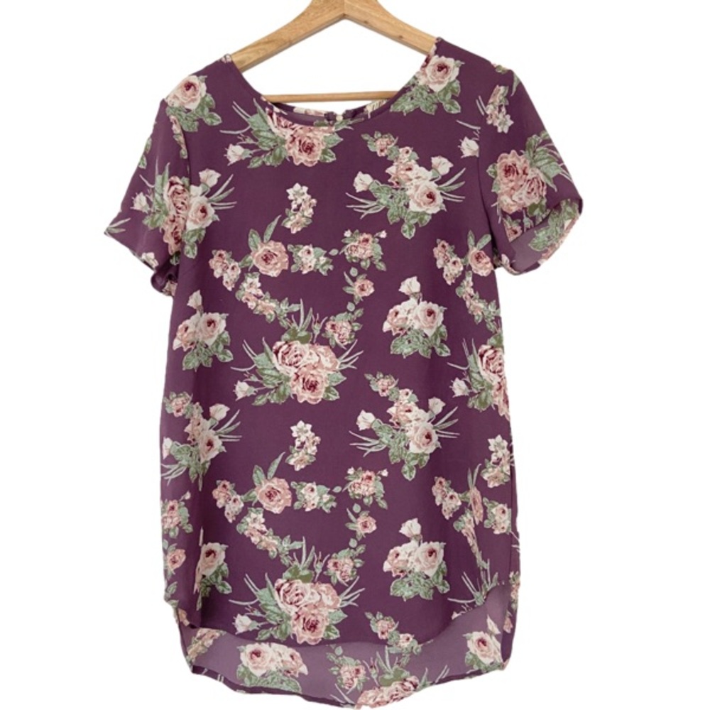 PINK ROSE PURPLE/DUSTY PINK FLORAL SHORT SLEEVE TOP/BLOUSE W/ ZIPPER DETAIL, LRG